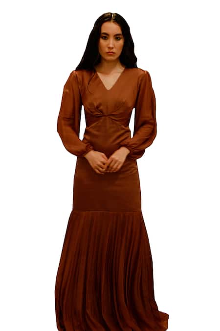 Pavone By Akanksha Chopra_Brown Organza, Satin V-neck Cut-out Detailed Solid Gown _Online_at_Aza_Fashions