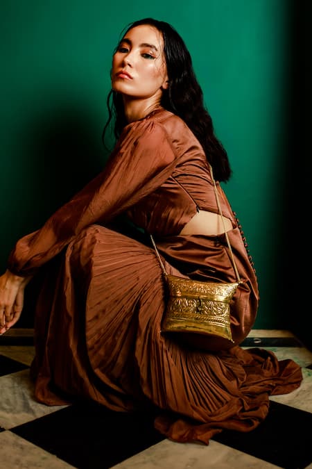 Shop_Pavone By Akanksha Chopra_Brown Organza, Satin V-neck Cut-out Detailed Solid Gown _Online_at_Aza_Fashions