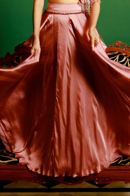 Pavone By Akanksha Chopra_Pink Satin Tassels Asymmetric Detailed Blouse With Lehenga _Online_at_Aza_Fashions