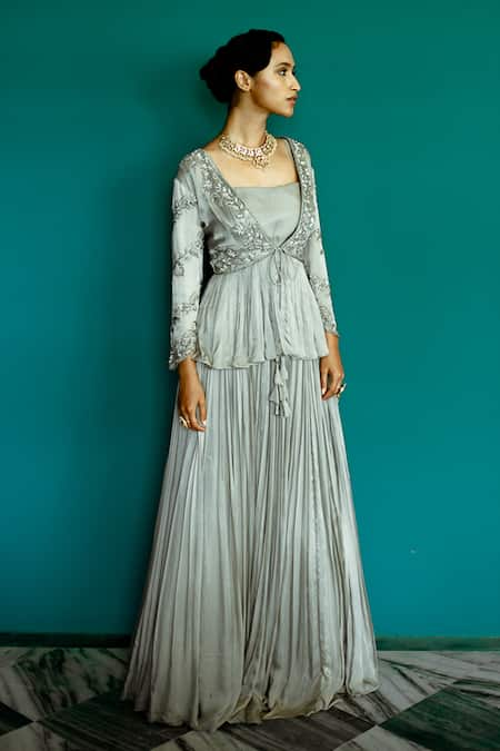 Pavone by Akanksha Chopra Grey Georgette Satin Hand Work Zardozi Blouse Pleated Lehenga Set With Jacket 