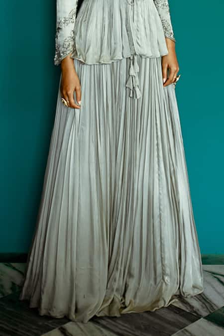 Pavone By Akanksha Chopra_Grey Georgette, Satin Embroidery, Zari Square Pleated Lehenga Set With Jacket_Online_at_Aza_Fashions
