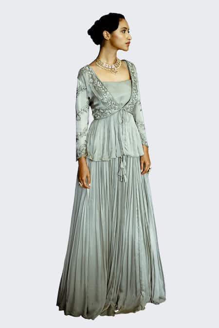 Buy_Pavone By Akanksha Chopra_Grey Georgette, Satin Embroidery, Zari Square Pleated Lehenga Set With Jacket_Online_at_Aza_Fashions