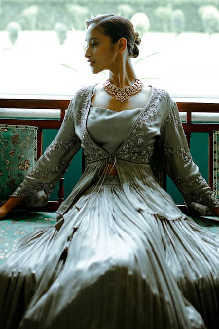 Buy_Pavone By Akanksha Chopra_Grey Georgette, Satin Embroidery, Zari Square Pleated Lehenga Set With Jacket