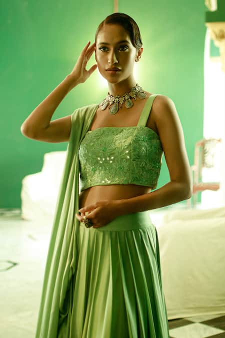 Pavone By Akanksha Chopra_Green Satin Embroidery, Mirrors Hand Work Blouse With Lehenga _Online_at_Aza_Fashions