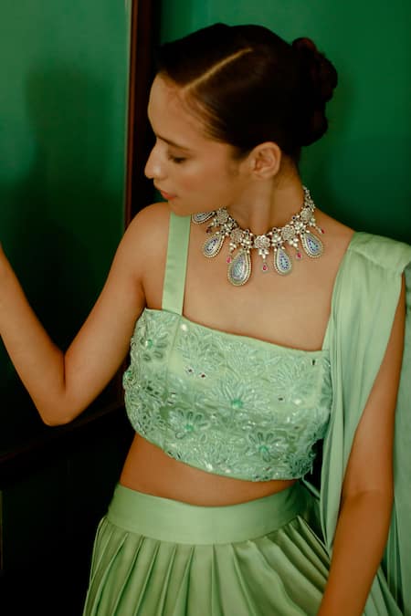 Buy_Pavone By Akanksha Chopra_Green Satin Embroidery, Mirrors Hand Work Blouse With Lehenga _Online_at_Aza_Fashions