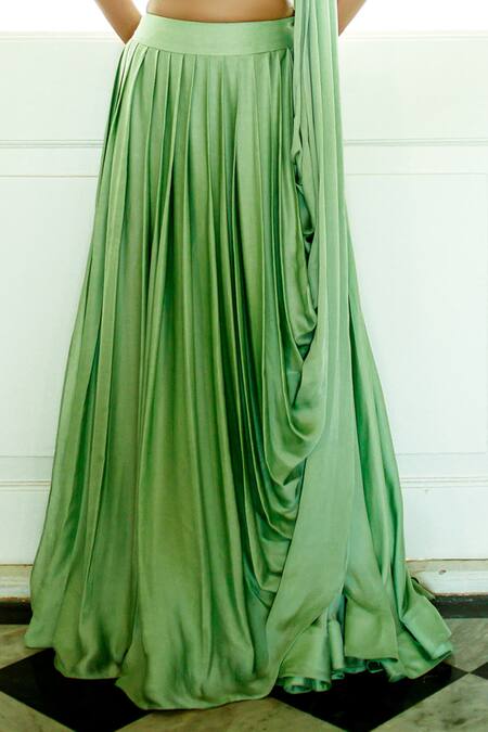 Shop_Pavone By Akanksha Chopra_Green Satin Embroidery, Mirrors Hand Work Blouse With Lehenga _Online_at_Aza_Fashions