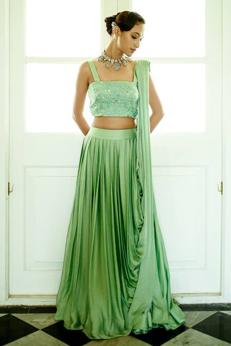 Pavone By Akanksha Chopra_Green Satin Embroidery, Mirrors Hand Work Blouse With Lehenga _at_Aza_Fashions