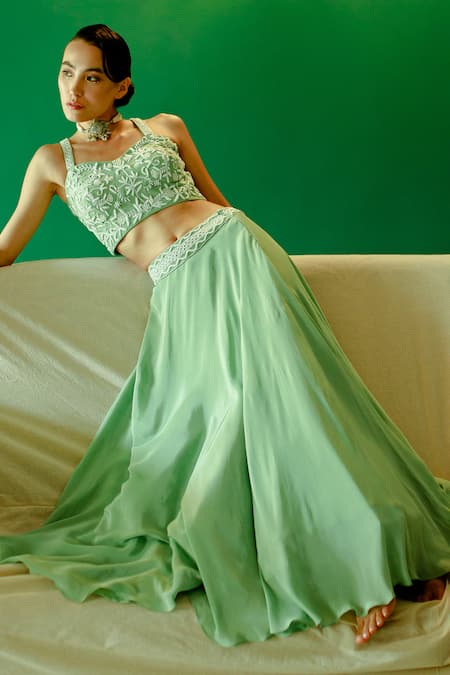 Pavone by Akanksha Chopra Green Crepe Hand Work Cutdana Sweetheart Front Blouse With Lehenga 