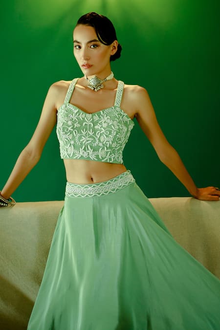 Pavone By Akanksha Chopra_Green Crepe Cut Work, Sequins Sweetheart Neck Hand Front Blouse With Lehenga _Online_at_Aza_Fashions