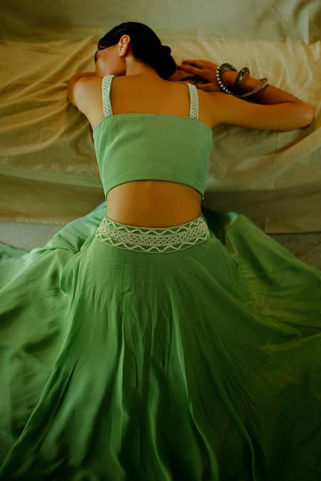 Buy_Pavone By Akanksha Chopra_Green Crepe Cut Work, Sequins Sweetheart Neck Hand Front Blouse With Lehenga _Online_at_Aza_Fashions