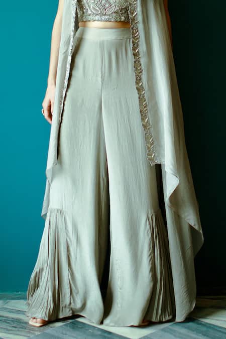 Pavone By Akanksha Chopra_Grey Organza, Crepe Cut Work, Embroidery Open Neck Flared Pant Set With Jacket _Online_at_Aza_Fashions