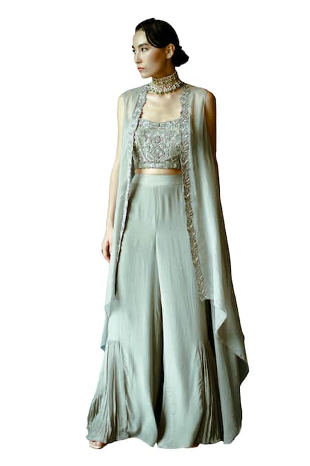 Buy_Pavone By Akanksha Chopra_Grey Organza, Crepe Cut Work, Embroidery Open Neck Flared Pant Set With Jacket _Online_at_Aza_Fashions