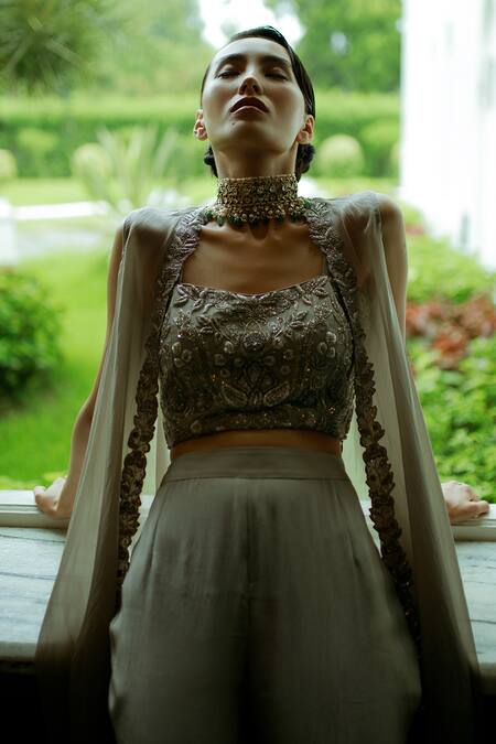 Shop_Pavone By Akanksha Chopra_Grey Organza, Crepe Cut Work, Embroidery Open Neck Flared Pant Set With Jacket _Online_at_Aza_Fashions