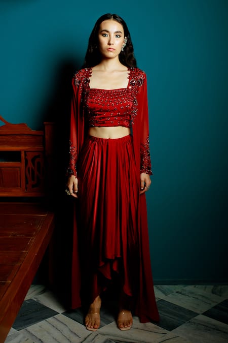 Pavone By Akanksha Chopra_Maroon Satin, Georgette Cut Work Square Cutdana Hand Tube Top Set With Jacket _Online_at_Aza_Fashions