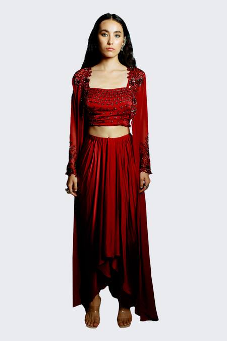 Buy_Pavone By Akanksha Chopra_Maroon Satin, Georgette Cut Work Square Cutdana Hand Tube Top Set With Jacket _Online_at_Aza_Fashions