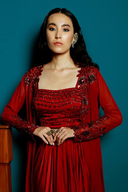 Shop_Pavone By Akanksha Chopra_Maroon Satin, Georgette Cut Work Square Cutdana Hand Tube Top Set With Jacket _Online_at_Aza_Fashions