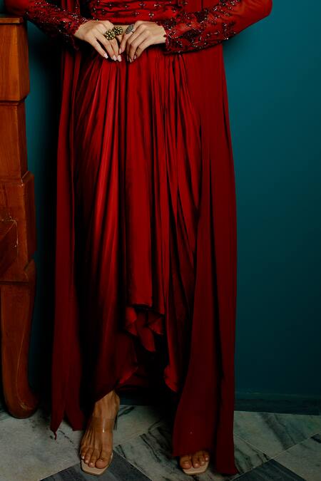 Pavone By Akanksha Chopra_Maroon Satin, Georgette Cut Work Square Cutdana Hand Tube Top Set With Jacket _at_Aza_Fashions