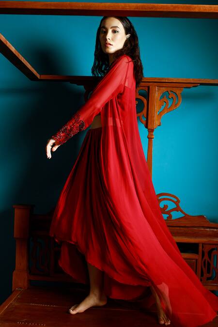 Buy_Pavone By Akanksha Chopra_Maroon Satin, Georgette Cut Work Square Cutdana Hand Tube Top Set With Jacket 