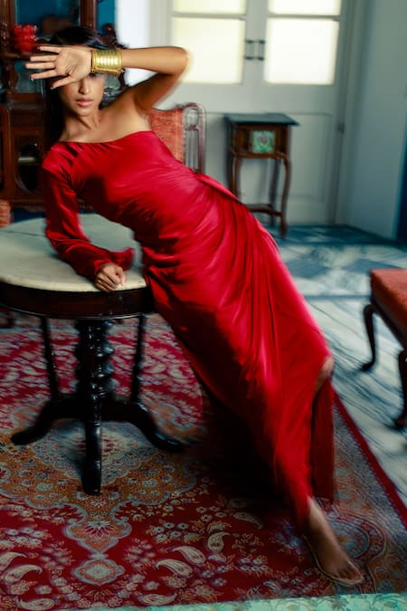 Pavone By Akanksha Chopra Draped One Shoulder Gown 