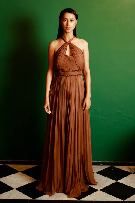 Pavone By Akanksha Chopra_Brown Georgette Cut Work Halter Neck Gathered Yoke Gown _Online_at_Aza_Fashions