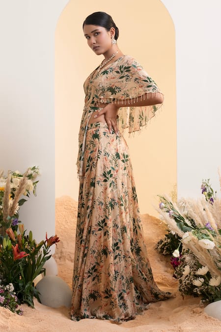 Presto Couture Floral Print Cape Blouse With Sharara 