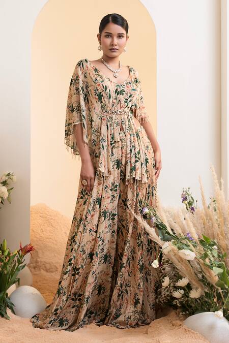 Presto Couture_Beige Chiffon, Linen Crystals V-neck Floral Print Cape Blouse With Sharara _Online_at_Aza_Fashions