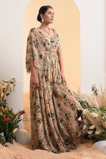 Buy_Presto Couture_Beige Chiffon, Linen Crystals V-neck Floral Print Cape Blouse With Sharara _Online_at_Aza_Fashions