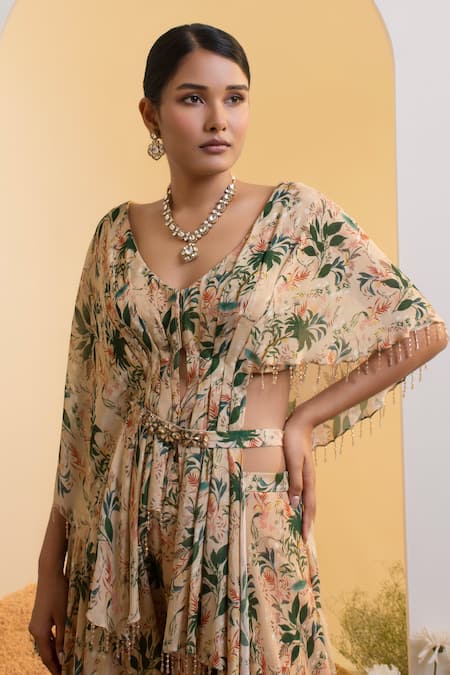 Shop_Presto Couture_Beige Chiffon, Linen Crystals V-neck Floral Print Cape Blouse With Sharara _Online_at_Aza_Fashions