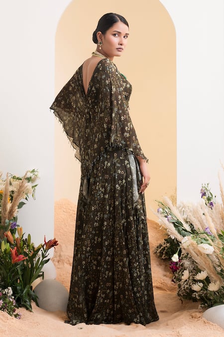 Presto Couture Floral Print Cape Sleeve Blouse With Sharara 