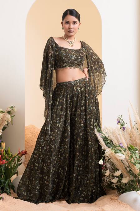 Presto Couture Green Chiffon, Linen Crystals Round Floral Print Cape Sleeve Blouse With Sharara Online at Aza Fashions Presto Couture_Green Chiffon, Linen Crystals Round Floral Print Cape Sleeve Blouse With Sharara _Online_at_Aza_Fashions