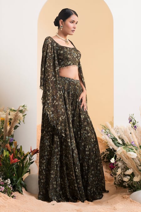 Buy Presto Couture Green Chiffon, Linen Crystals Round Floral Print Cape Sleeve Blouse With Sharara Online at Aza Fashions Buy_Presto Couture_Green Chiffon, Linen Crystals Round Floral Print Cape Sleeve Blouse With Sharara _Online_at_Aza_Fashions
