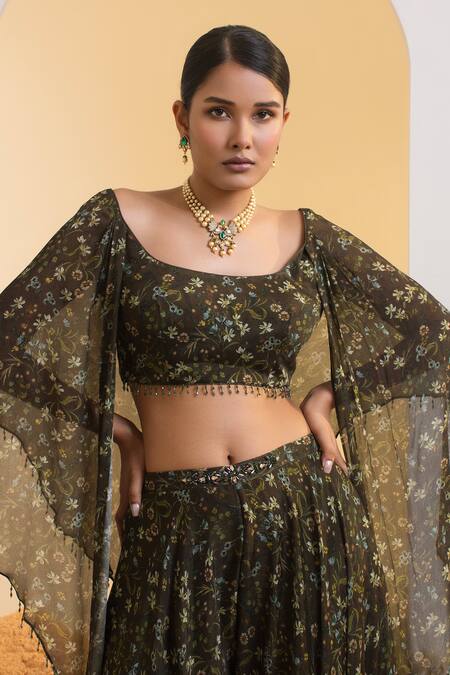 Shop Presto Couture Green Chiffon, Linen Crystals Round Floral Print Cape Sleeve Blouse With Sharara Online at Aza Fashions Shop_Presto Couture_Green Chiffon, Linen Crystals Round Floral Print Cape Sleeve Blouse With Sharara _Online_at_Aza_Fashions