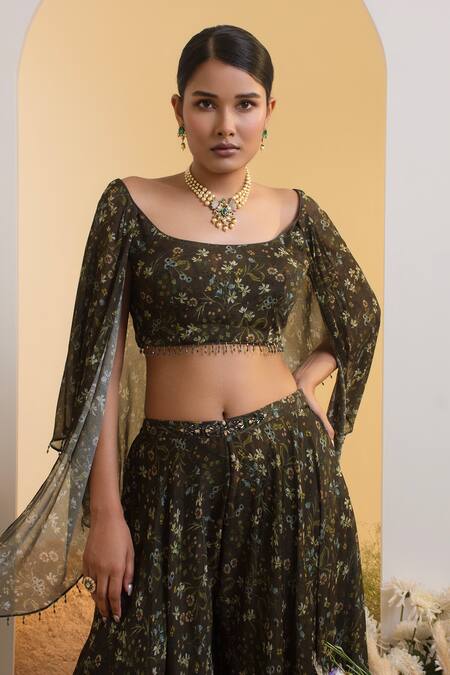 Presto Couture Green Chiffon, Linen Crystals Round Floral Print Cape Sleeve Blouse With Sharara at Aza Fashions Presto Couture_Green Chiffon, Linen Crystals Round Floral Print Cape Sleeve Blouse With Sharara _at_Aza_Fashions