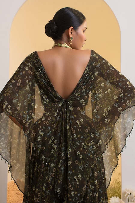 Buy Presto Couture Green Chiffon, Linen Crystals Round Floral Print Cape Sleeve Blouse With Sharara Buy_Presto Couture_Green Chiffon, Linen Crystals Round Floral Print Cape Sleeve Blouse With Sharara