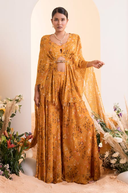 PRESTO COUTURE Yellow Chiffon Printed Floral V-neck Cape Blouse With Sharara
