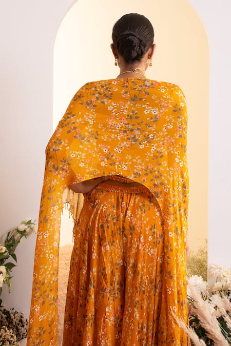 Presto Couture Floral Print Cape Blouse With Sharara 