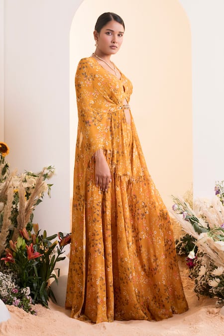 Presto Couture Yellow Chiffon Tassels V-neck Floral Print Cape Blouse With Sharara Online at Aza Fashions Presto Couture_Yellow Chiffon Tassels V-neck Floral Print Cape Blouse With Sharara _Online_at_Aza_Fashions