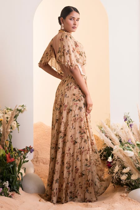 Presto Couture Printed Cape Sleeve Blouse With Sharara 