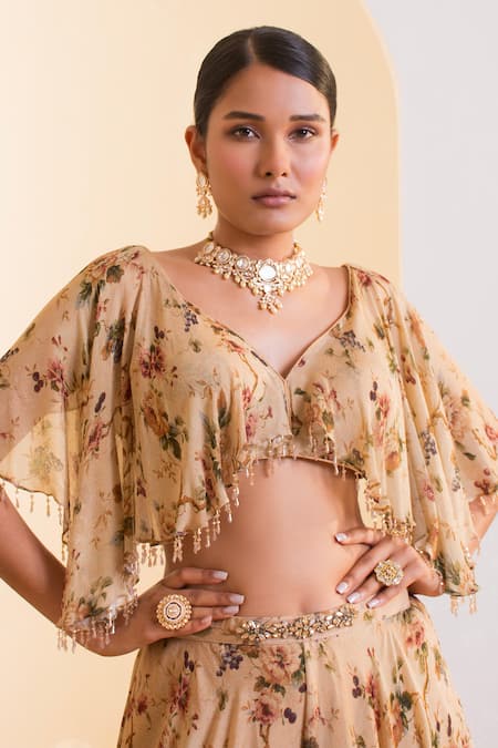 Presto Couture Beige Chiffon, Linen Tassels, Embroidery Printed Cape Sleeve Blouse With Sharara Online at Aza Fashions Presto Couture_Beige Chiffon, Linen Tassels, Embroidery Printed Cape Sleeve Blouse With Sharara _Online_at_Aza_Fashions