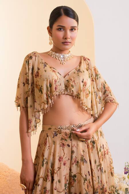 Buy Presto Couture Beige Chiffon, Linen Tassels, Embroidery Printed Cape Sleeve Blouse With Sharara Online at Aza Fashions Buy_Presto Couture_Beige Chiffon, Linen Tassels, Embroidery Printed Cape Sleeve Blouse With Sharara _Online_at_Aza_Fashions