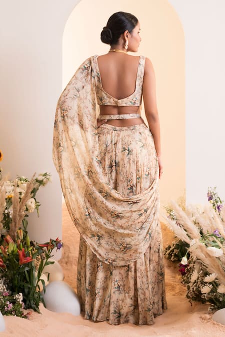 Presto Couture Floral Print Pre-Draped Sharara Saree With Belt 