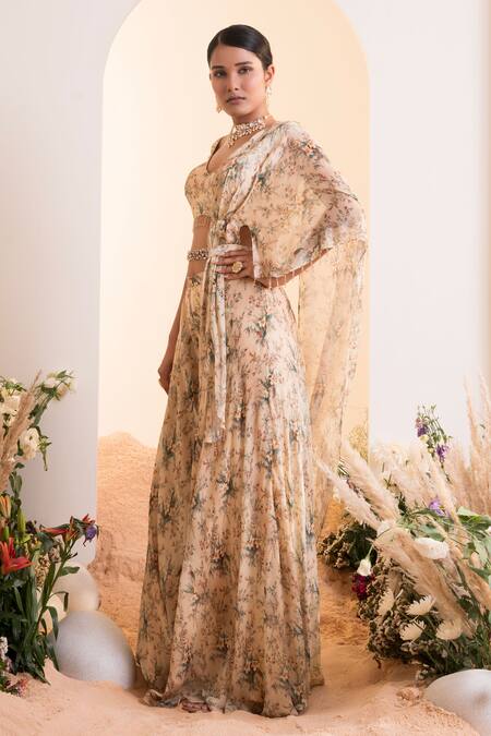 Presto Couture_Beige Chiffon Crystals V-neck Floral Print Pre-draped Sharara Saree With Belt _Online_at_Aza_Fashions