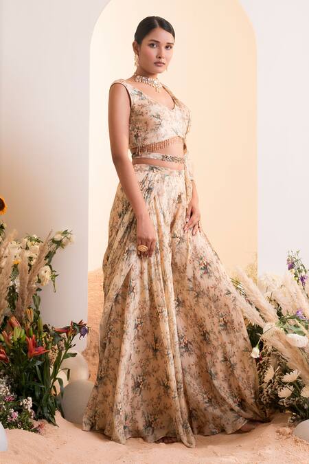 Buy_Presto Couture_Beige Chiffon Crystals V-neck Floral Print Pre-draped Sharara Saree With Belt _Online_at_Aza_Fashions