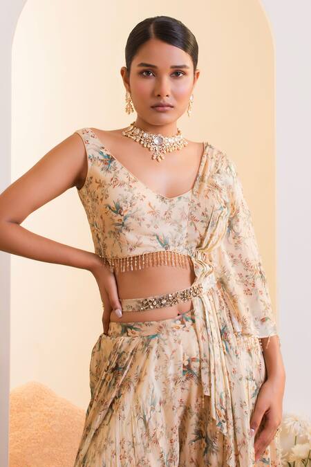 Shop_Presto Couture_Beige Chiffon Crystals V-neck Floral Print Pre-draped Sharara Saree With Belt _Online_at_Aza_Fashions