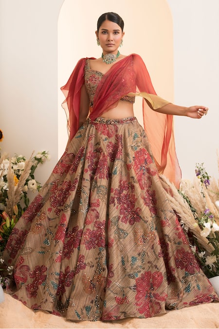 Presto Couture_Green Organza, Satin Sequins, Floral Pattern Lehenga With Attached Drape Blouse _Online_at_Aza_Fashions