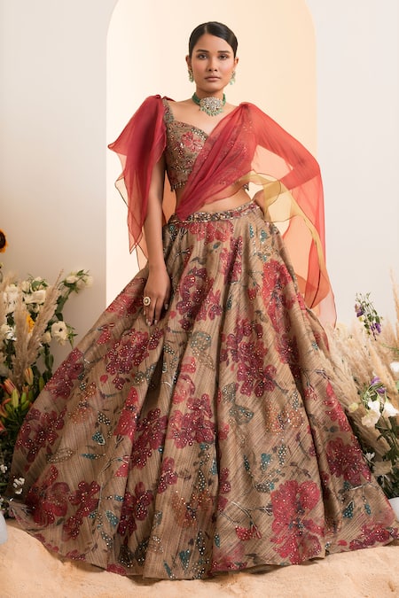Buy_Presto Couture_Green Organza, Satin Sequins, Floral Pattern Lehenga With Attached Drape Blouse _Online_at_Aza_Fashions