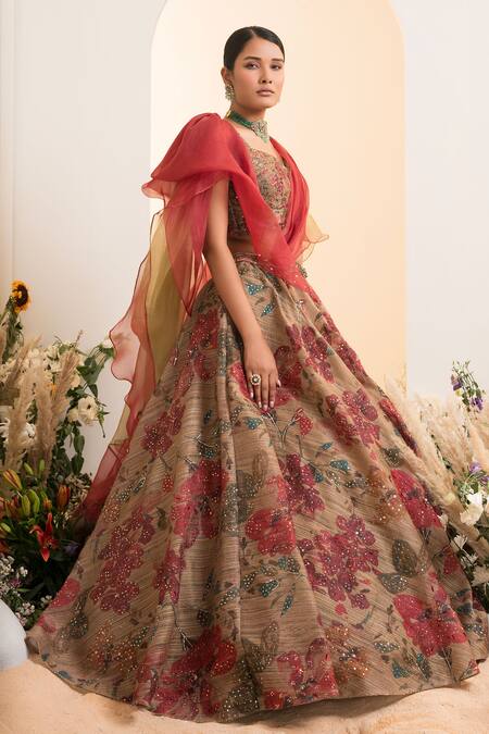 Shop_Presto Couture_Green Organza, Satin Sequins, Floral Pattern Lehenga With Attached Drape Blouse _Online_at_Aza_Fashions