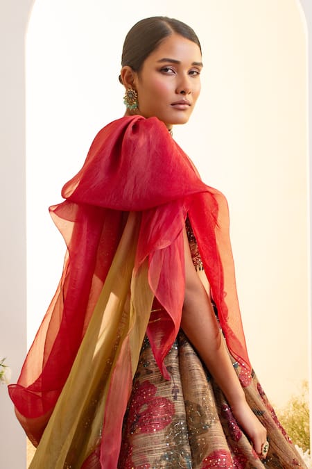 Presto Couture_Green Organza, Satin Sequins, Floral Pattern Lehenga With Attached Drape Blouse _at_Aza_Fashions