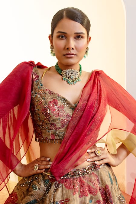 Buy_Presto Couture_Green Organza, Satin Sequins, Floral Pattern Lehenga With Attached Drape Blouse 