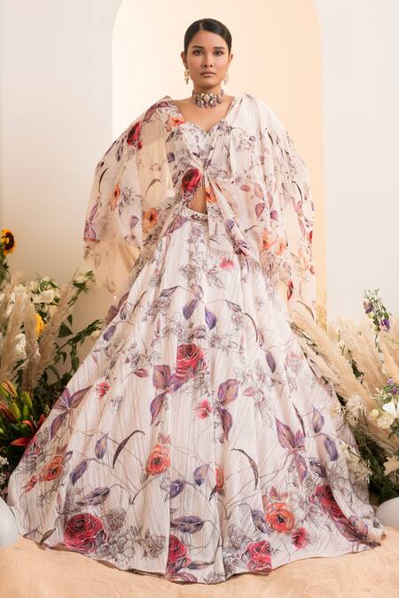 Buy_Presto Couture_White Organza, Satin Sequins, Floral Print Lehenga With Attached Drape Blouse _Online_at_Aza_Fashions